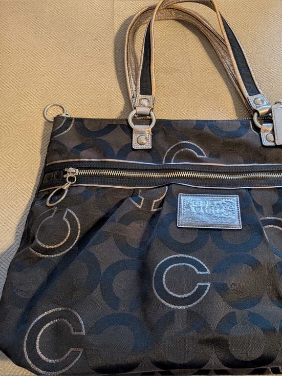 Coach Handbags - Coach Poppy Black Signature 'C' Jacquard Satchel with Silver Accents